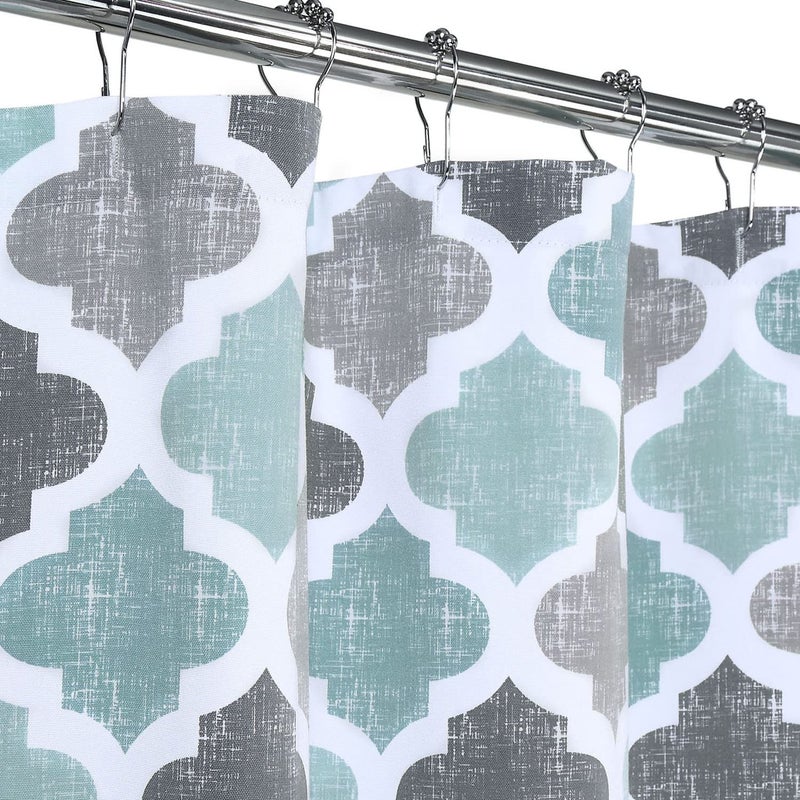 CAROMIO Fabric Shower Curtain 84 Inch Long, Geometric Quatrefoil Pattern Poly-Cotton Farmhouse Shower Curtain Extra Long, Aqua/Mint/Grey, 72x84 Inches - Image 2